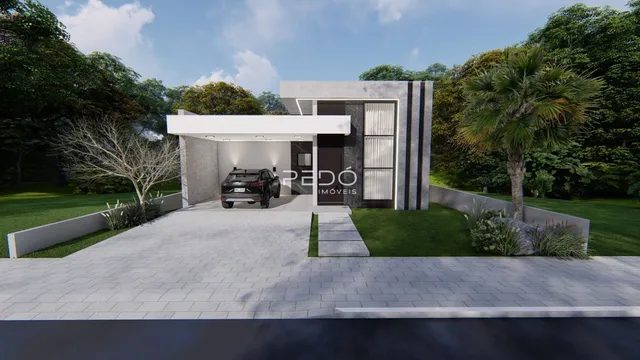 Fachada moderna de uma residência com jardim e entrada coberta.