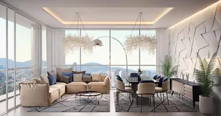 Sala de estar moderna com vista panorâmica para a cidade.