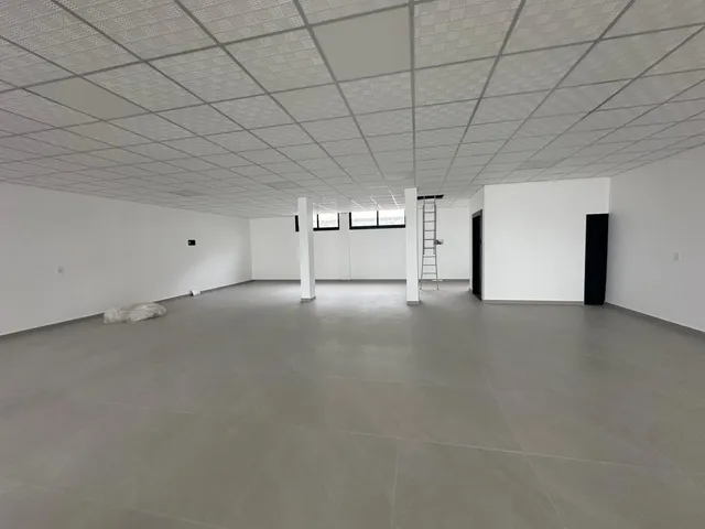 Foto de um ambiente interno amplo e vazio com teto de grid branco.