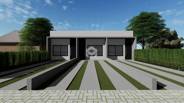 Fachada de uma residência moderna em Lajeado com paisagismo frontal.