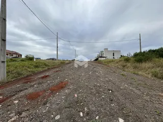 Uma estrada de terra leva a um terreno com vegetação ao fundo.