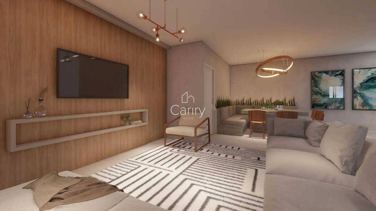 Sala de estar com sofá e televisão em ambiente moderno.