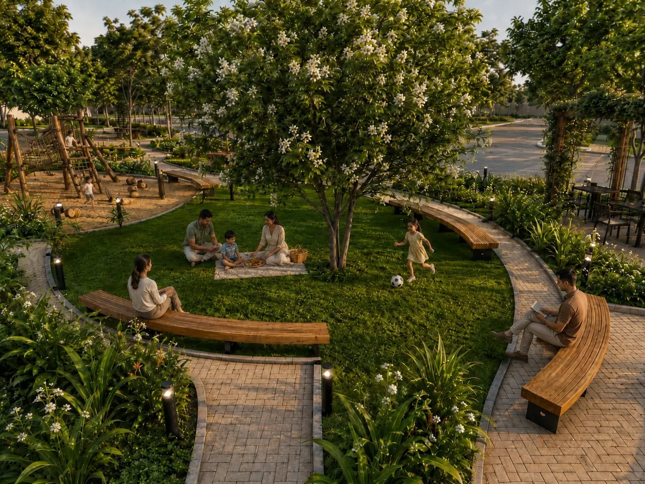 Vista externa de um jardim com bancos de madeira e vegetação.