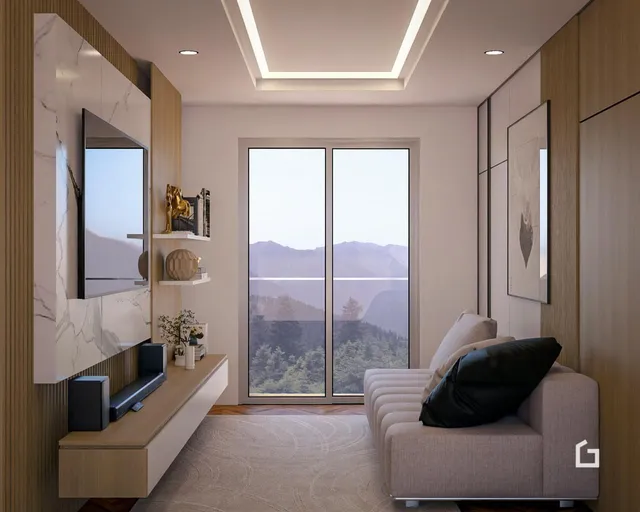 Sala de estar moderna com grandes portas de vidro oferecendo uma vista panorâmica.