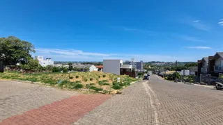 Vista externa de uma rua com área de terra e vegetação seca em Lajeado.