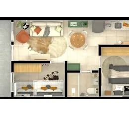 Foto interna de uma cozinha com armários e piso claro.