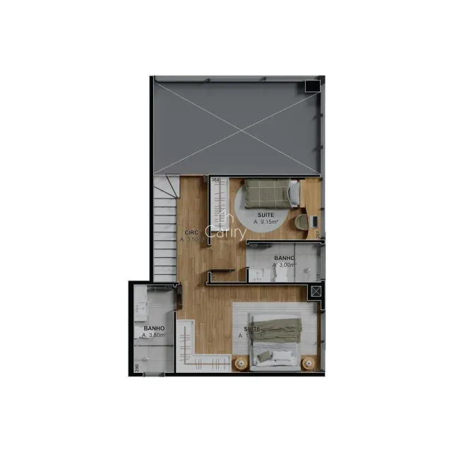 Planta baixa de um apartamento mostrando a disposição dos cômodos e dimensões.