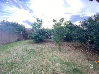 Vista externa do quintal com gramado e vegetação