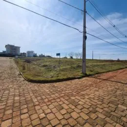Vista externa de uma área pavimentada com tijolos em um terreno aberto.