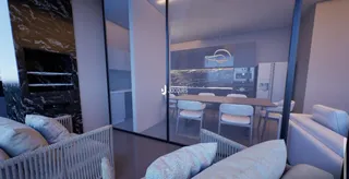 Sala de estar com divisórias de vidro modernas.