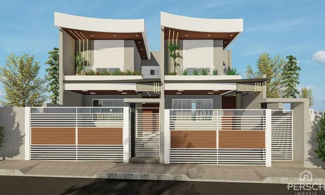 Fachada de uma casa moderna em Lajeado, Brasil, com muro e portão.