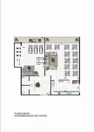 Planta baixa do espaço com academia e salão de festas.