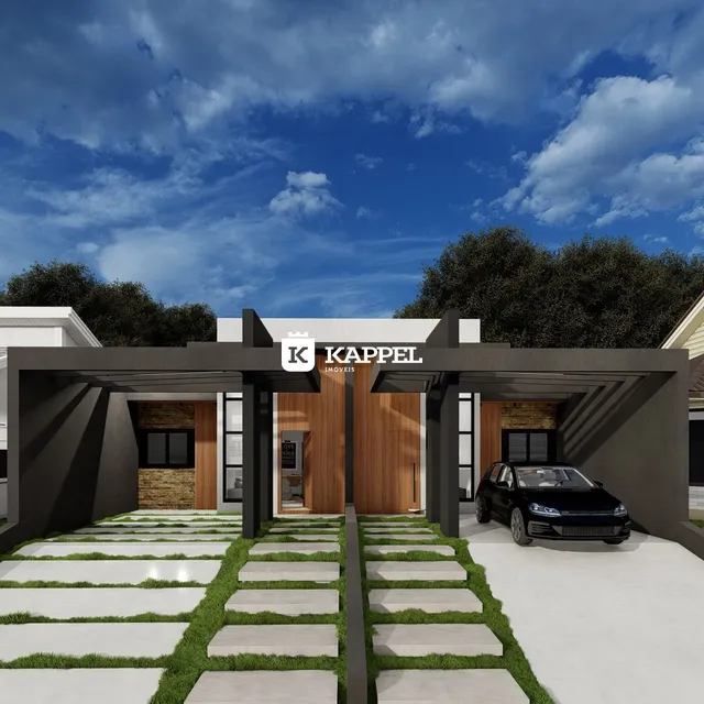 Fachada moderna de uma residência em Lajeado, Brasil, com entrada coberta.