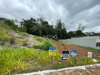 Paisagem de terreno com vegetação e placas de venda na área de Lajeado.