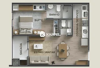 Este é um layout de planta baixa de um apartamento mostrando a suíte, sala de estar/jantar, cozinha e banheiro.