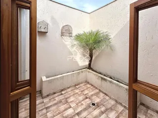 Vista de um pátio externo com piso de cerâmica e uma palmeira.