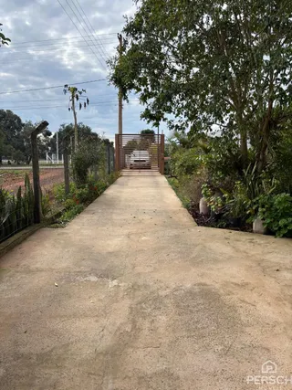 Vista de um caminho de concreto que leva a um portão de madeira cercado por vegetação.