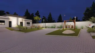 Vista externa da propriedade com paisagismo e área pavimentada.