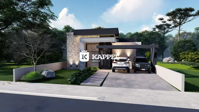 Fachada de uma casa moderna em Lajeado, Brasil, com área de garagem e paisagismo.