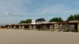 Fachada de uma residência moderna com garagem e paisagismo.