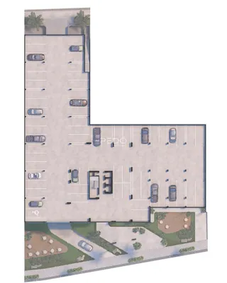 Vista aérea do lote com área de estacionamento e jardim.