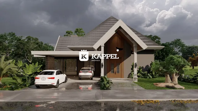 Fachada de uma casa moderna com telhado inclinado e paisagismo ao redor.