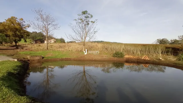 Paisagem de campo com água e vegetação ao fundo.