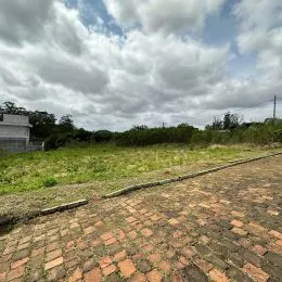 Vista externa de um caminho de tijolos com vegetação ao fundo.