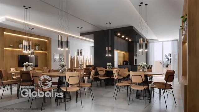 Sala de jantar moderna com mesa e cadeiras em um ambiente amplo.
