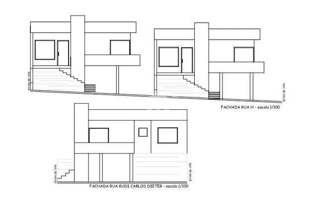Desenho arquitetônico das fachadas das casas em Lajeado, Brasil.