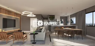 Sala de estar moderna com sofá e mesa de jantar em um ambiente aberto.