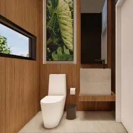 Foto de um vaso sanitário em um ambiente interno com painéis de madeira.