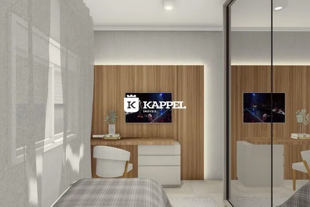 Quarto com cabeceira de madeira e televisão montada na parede.