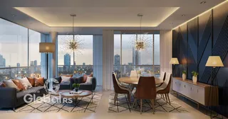 Sala de estar com vista panorâmica para a cidade.