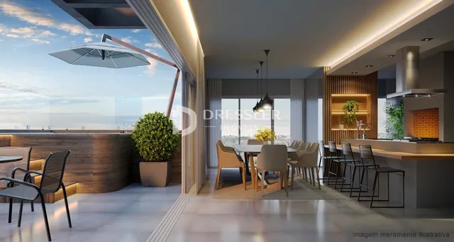 Sala de estar moderna com vista para o exterior.