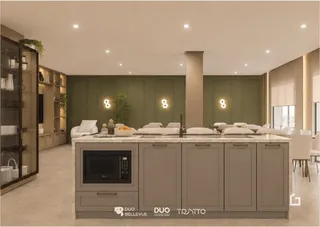 Quarto com cabeceira e armários em um ambiente moderno.