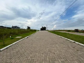 Vista da estrada pavimentada com grama ao redor em Lajeado.