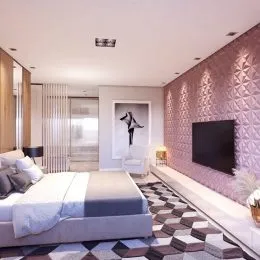 Quarto com cabeceira e parede texturizada em um imóvel.
