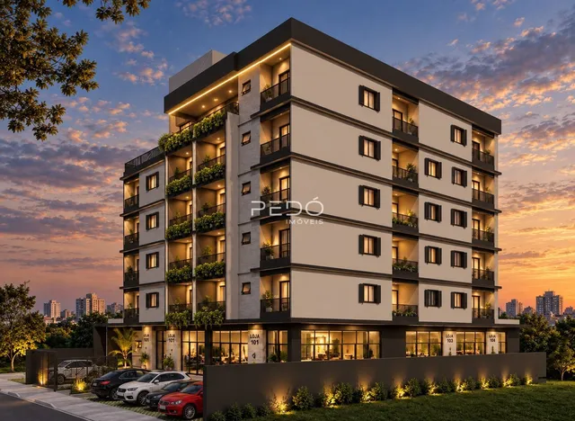 Fachada de um prédio residencial em Lajeado, Brasil, ao pôr do sol.