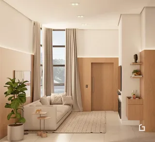 Sala de estar com grandes janelas e decoração moderna.