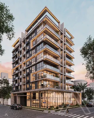 Fachada moderna de um edifício residencial com múltiplos andares em Lajeado, Brasil.