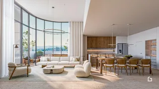 Sala de estar ampla com grandes janelas que oferecem uma vista panorâmica.