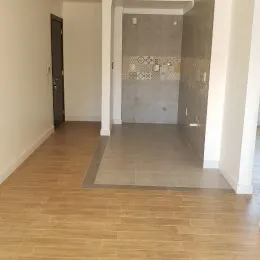 Hall de entrada com piso de madeira clara.