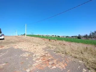 Vista de um terreno com campo seco e vegetação ao fundo.