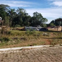 Vista externa de um terreno com vegetação seca e solo exposto.