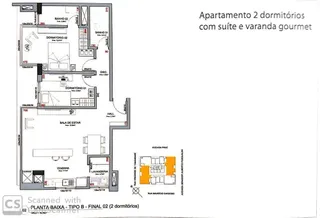Planta baixa de um apartamento de dois dormitórios com suíte e varanda gourmet.