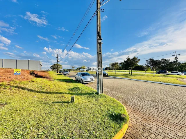 Vista da rua e paisagem com gramado e poste em Lajeado, Brasil.