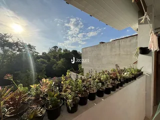 Vista da varanda com vasos de plantas ao longo da parede externa da residência.