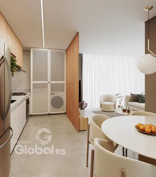 Vista interna de uma sala de estar e jantar moderna em Lajeado.
