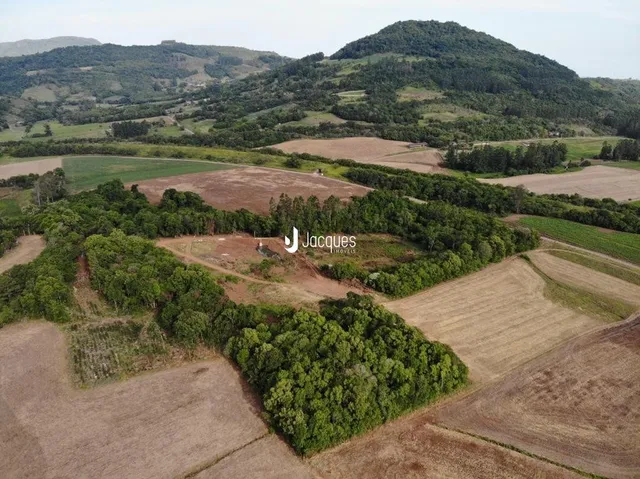 Vista aérea de terras agrícolas e florestas na região de Lajeado.